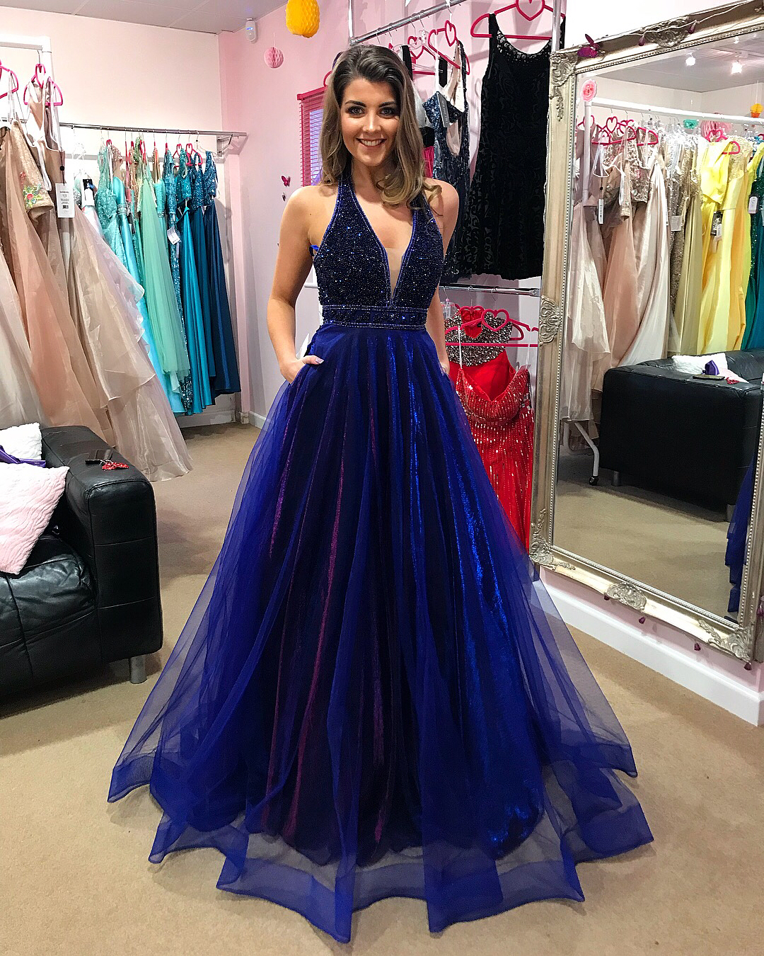 Royal blue sale halter prom dress