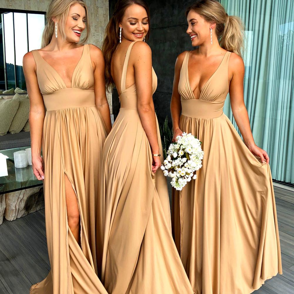 Elegant A-line V Neck Gold Long Bridesmaid Dress With Side Slit on Luulla
