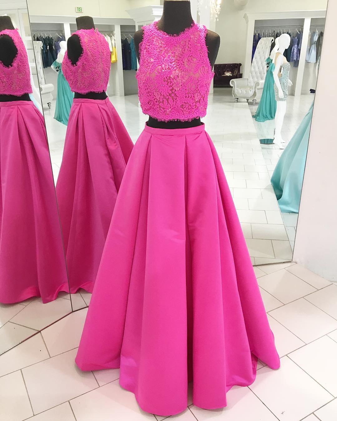 Two Piece Long Prom Dress, Hot Pink Lace Long Prom Dress on Luulla