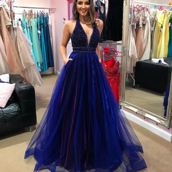 Luxurious Halter Royal Blue Long Prom Dress on Luulla