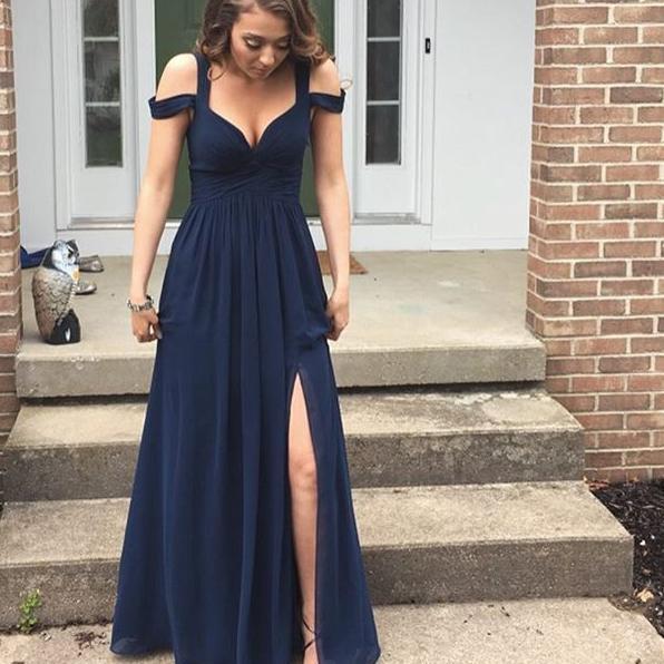 Simple A-line Navy Blue Prom Dress With Side Slit on Luulla