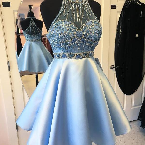 Light Blue Jewel Open Back Long Prom Dress with Pearls, A Line Sleeveless Formal Dress UQ2576
