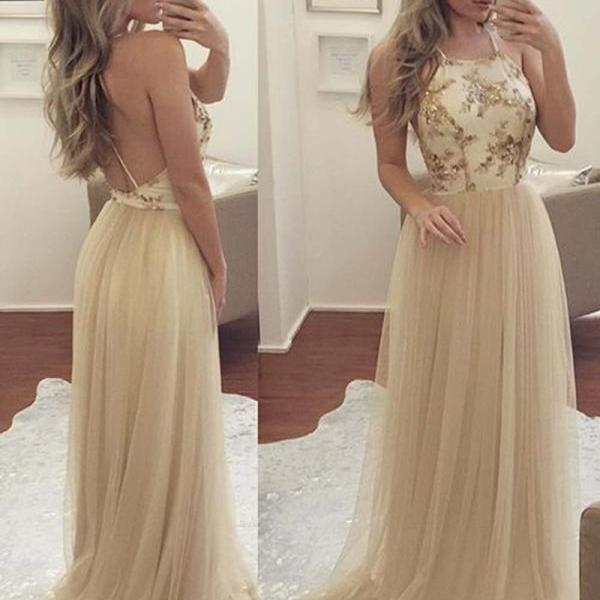 Gorgeous A-line Champagne Long Tulle Prom Dress Evening Dress on Luulla